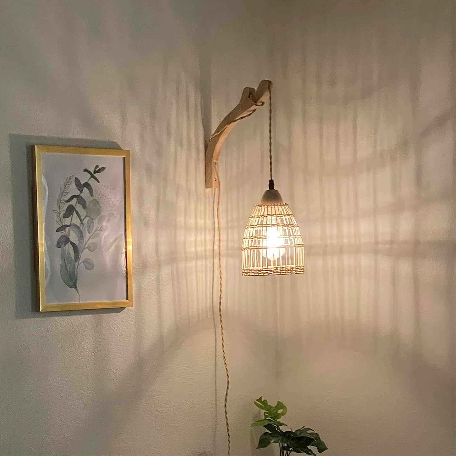 Bamboo and Rattan Plug-In Wall Sconce Set with Wood Holder