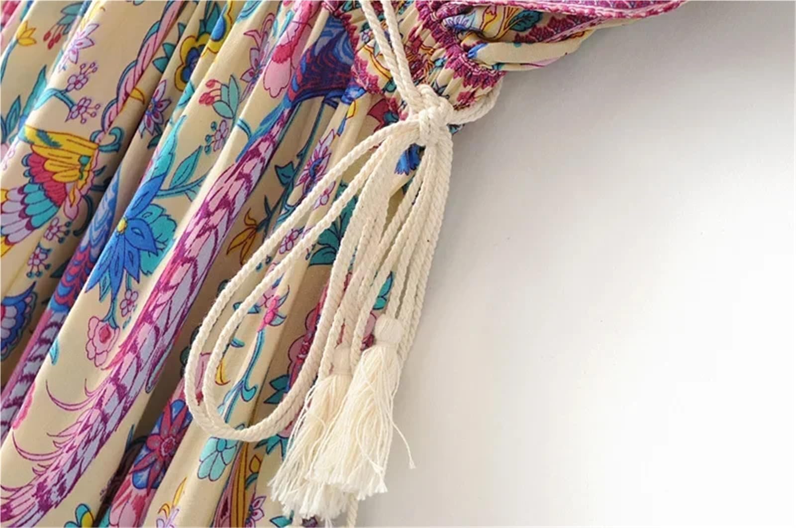 Vestido de Playa Mujer Pavo Real Estampado Floral Manga murciélago Vestidos Largos Bohemios Señoras Cuello en V Borla Verano