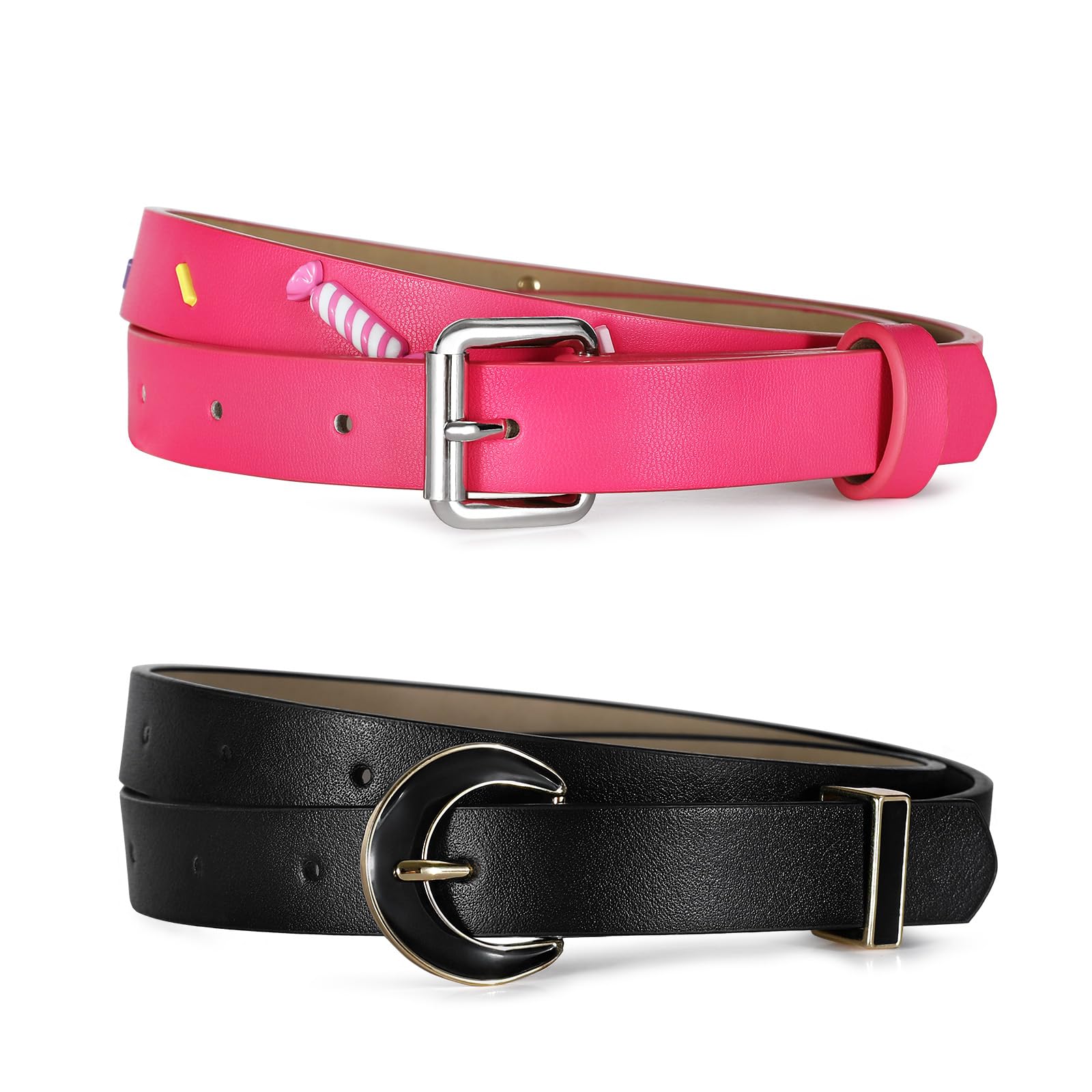 2 Pack Womens Belt Pink Black Belt Set Fashion Thin Light Waist Belts Daily Christmas Gifts for Women