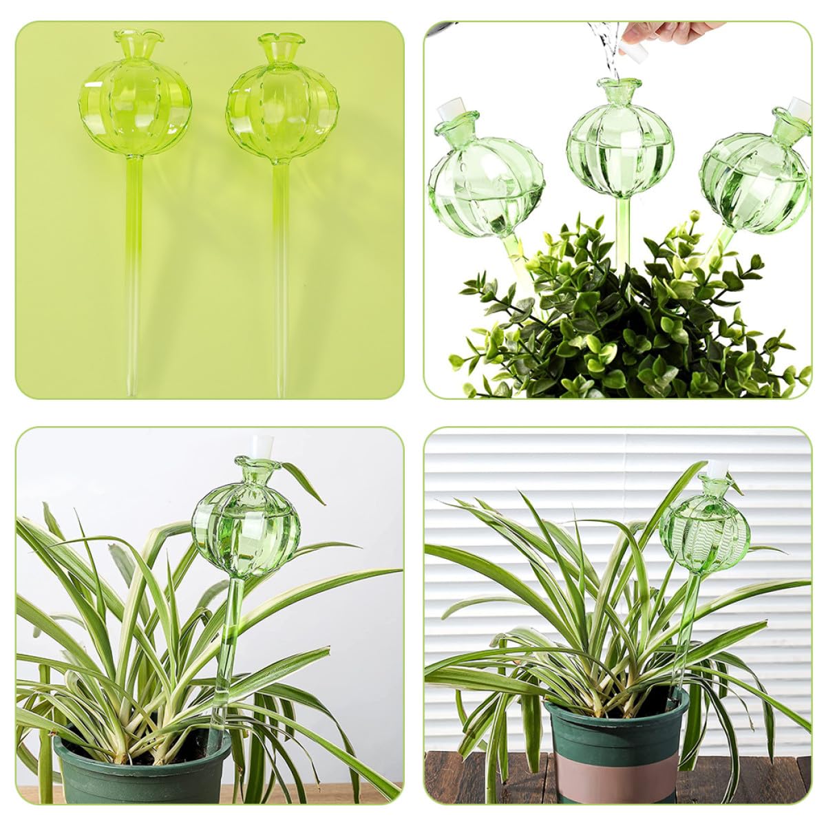 Veemoon Lot de 4 Globes D'arrosage Automatiques en Verre Forme Cactus Transparent, Système D'arrosage Lent pour Plantes en Pot, Jardinage Intérieur et Extérieur, Accessoire Pratique
