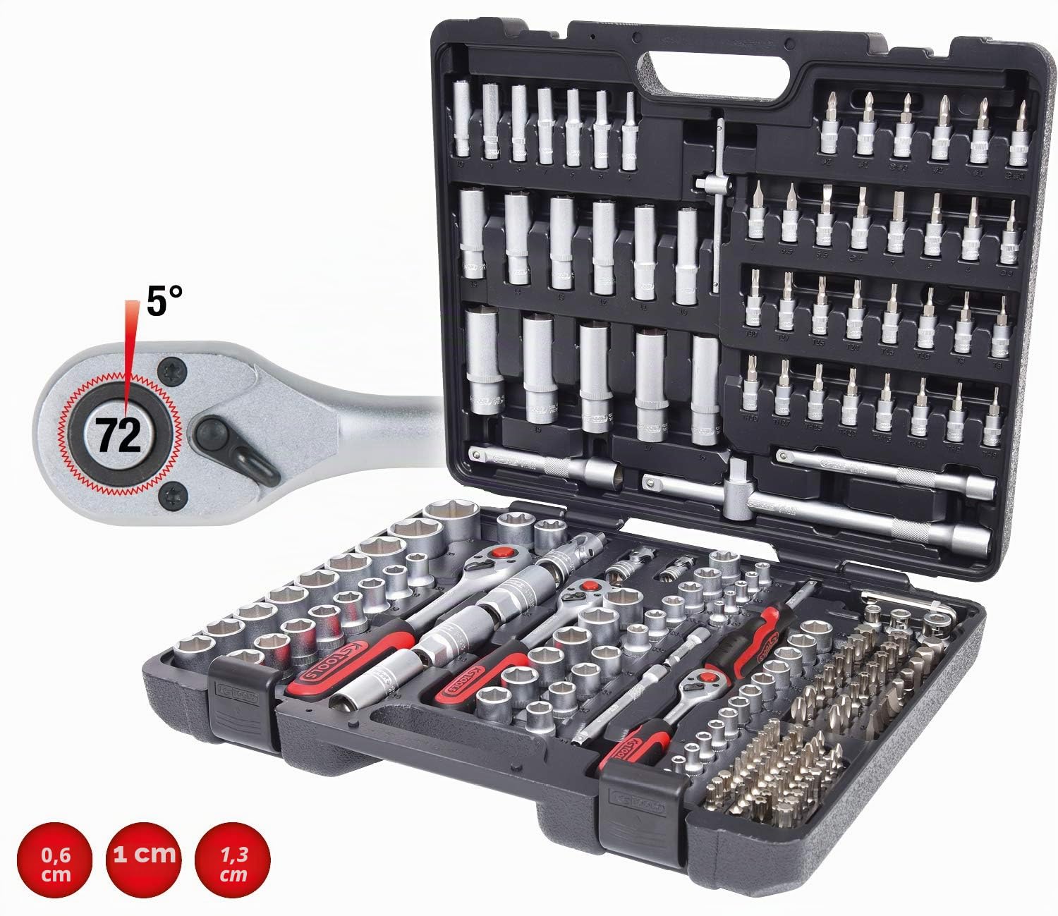 KS TOOLS 161.0366 - Cric Hydraulique 3 Tonnes - en Acier de Notre Gamme Formula Lift 3T - avec 2 Roues - Rouge et Noir & Caisse à Outils Complète en Coffret Douille de 1/4", 3/8" et 1/2" - 195 Pièces
