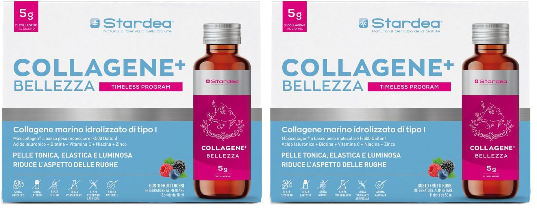 COLLAGENE MARINO e ACIDO IALURONICO 8 Flaconcini da Bere | 5g Collagene Marino idrolizzato e Acido ialuronico + Vitamina C + Biotina + Zinco + Niacina | STARDEA COLLAGENE + BELLEZZA SHOT