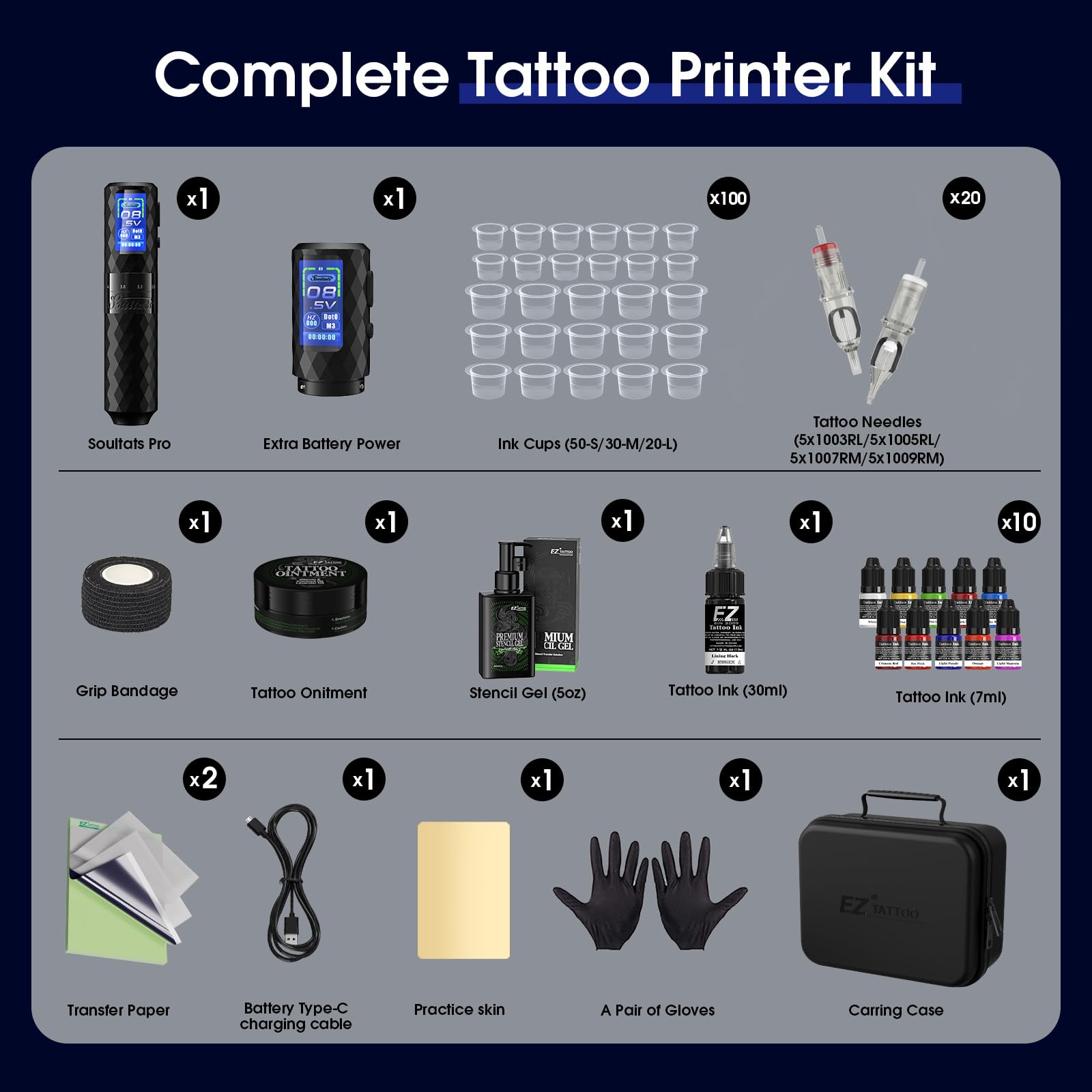 EZ Tattoo Maschinen Set - Tattoo Set mit 6 Hübe 2,5–4,8mm Kabelloser Tattoo Maschine, Extra 1600mAh Stromversorgung Akku, 20 Stück Tattoo Nadeln für Tattoo Anfänger und Künstler