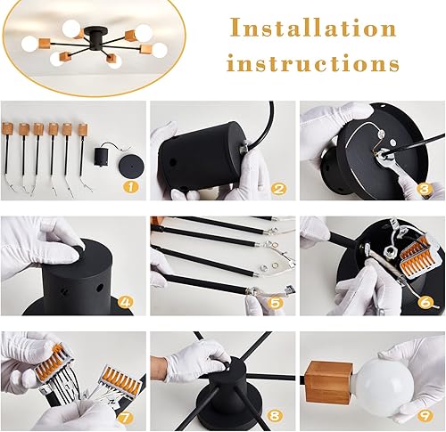 Miniatura 5 de Fivootvi Lámpara de techo de madera semiempotrada, 6 luces, lámpara Sputnik de madera rústica, iluminación de techo estilo granja, roble y negro con