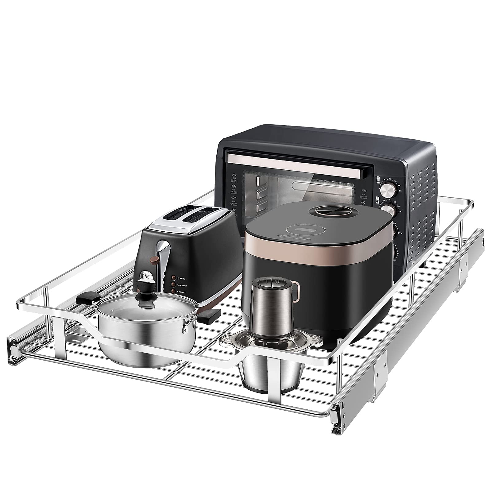 Tksrn Pull Out Cabinet Organizer, Heavy Duty Slide Out Pantry Shelves With Frosted Non-slip Cleaning Pad, Sliding Drawer Storage For Bathroom, Kitchen, Home, 15" W x 21" D, Chrome Finish