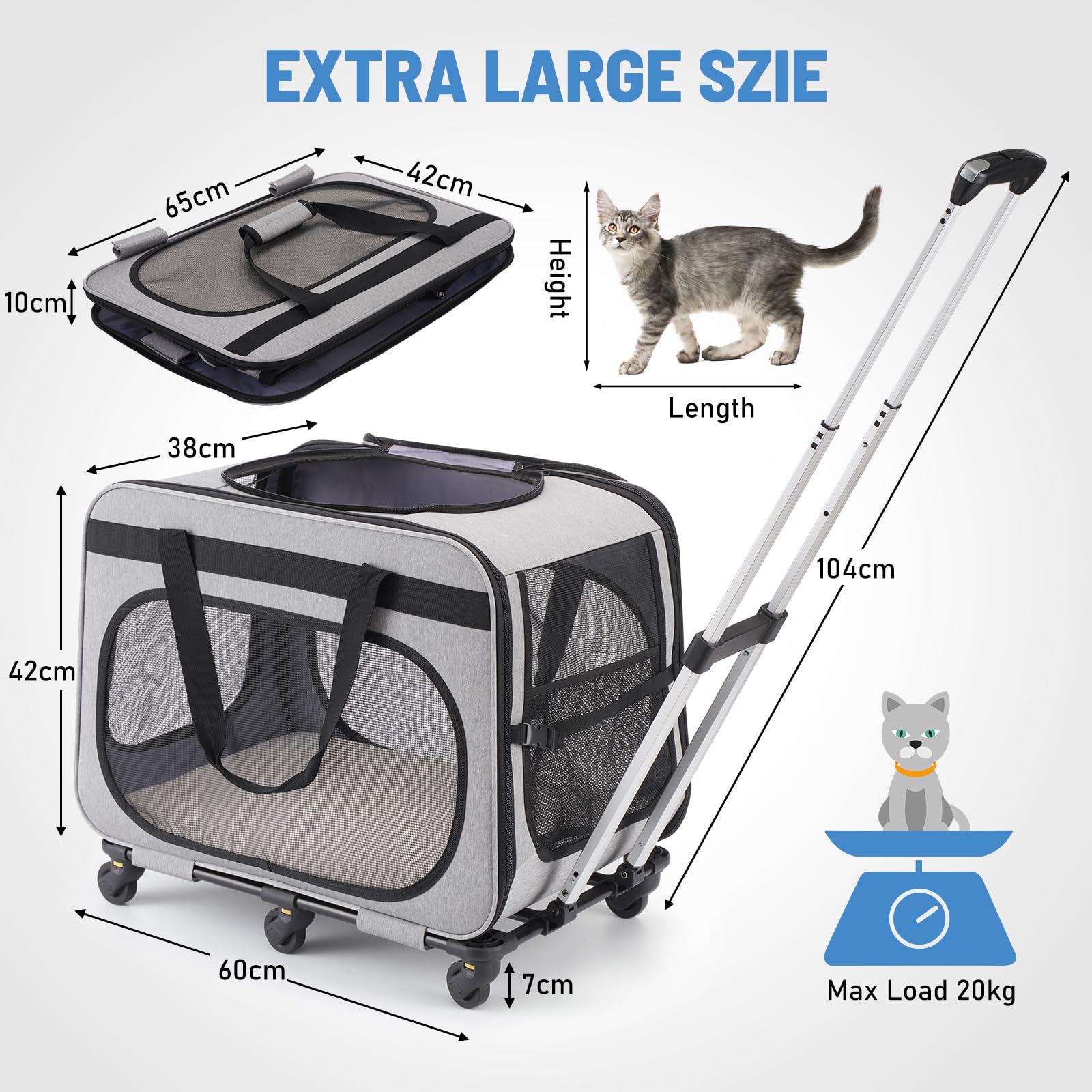 Trasportino per Gatti e Cani con 6 Ruote, fino a 20 kg, Grigio