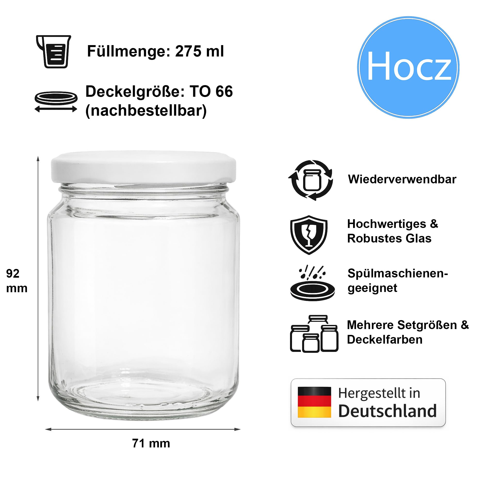 hocz 100x Marmeladengläser 275 ml | mit Deckel Weiß TO 66 | Einmachgläser mit Schraubdeckel zum befüllen | Sturzgläser für Marmelade Schraubgläser | leere Gläser Set | 100 Stück