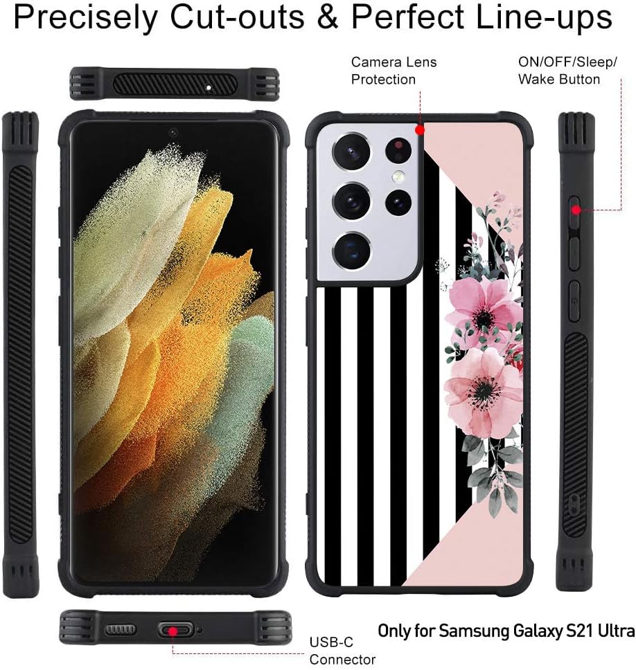 OOK Designed for Samsung Galaxy S21 Ultra 5G Case Pink Flower Floral Stripes Design with Ring Holder Kickstand Protective Shockproof Phone Bumper Stand for Women Girls for S21 Ultra 5G 6.8 Inch