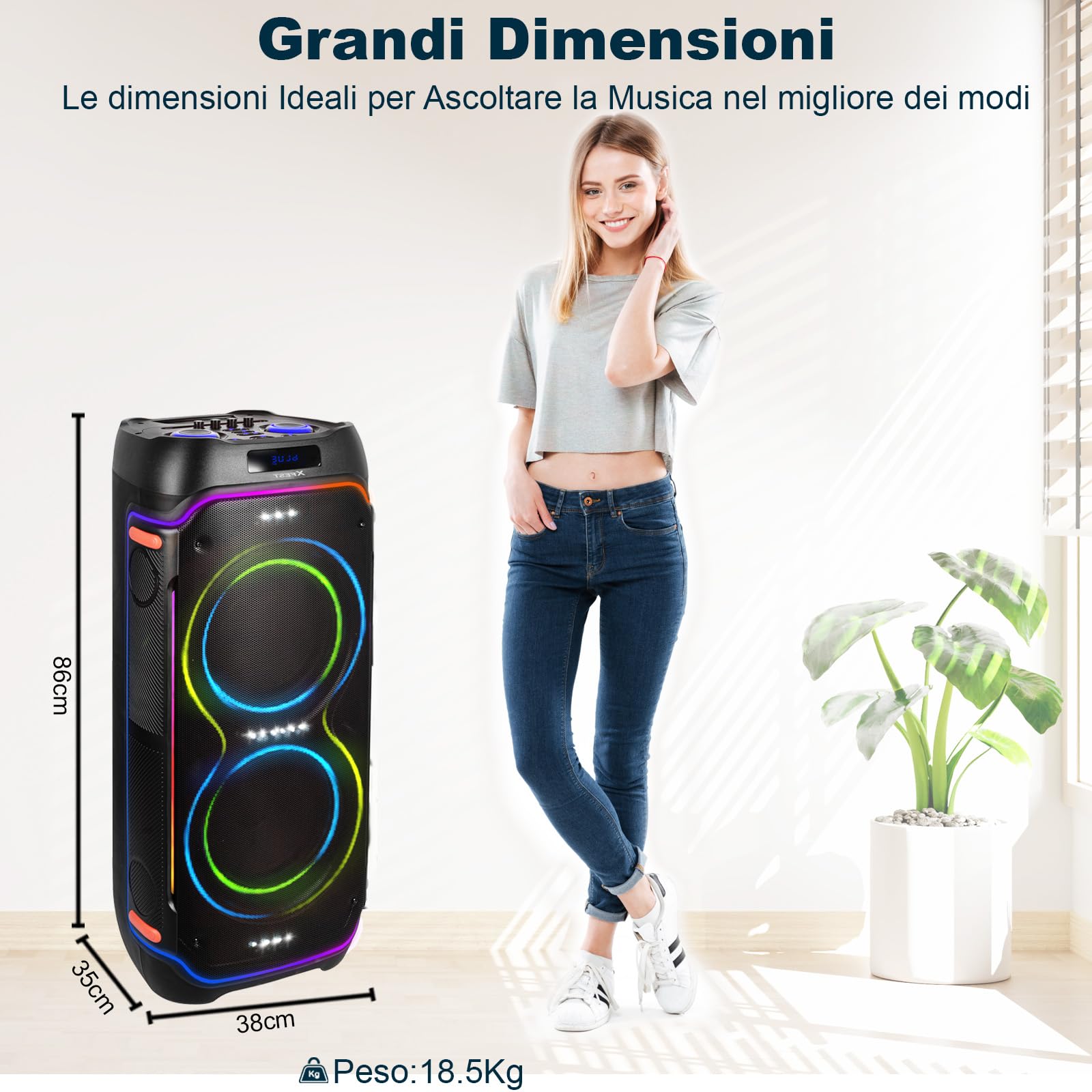 Trevi XFest XF 3600 PRO bezprzewodowy głośnik 200 W, przenośny głośnik z mikrofonem bezprzewodowym, wejściem USB, Micro SD, AUX-IN, funkcja TWS, głośnik do karaoke z wbudowaną baterią