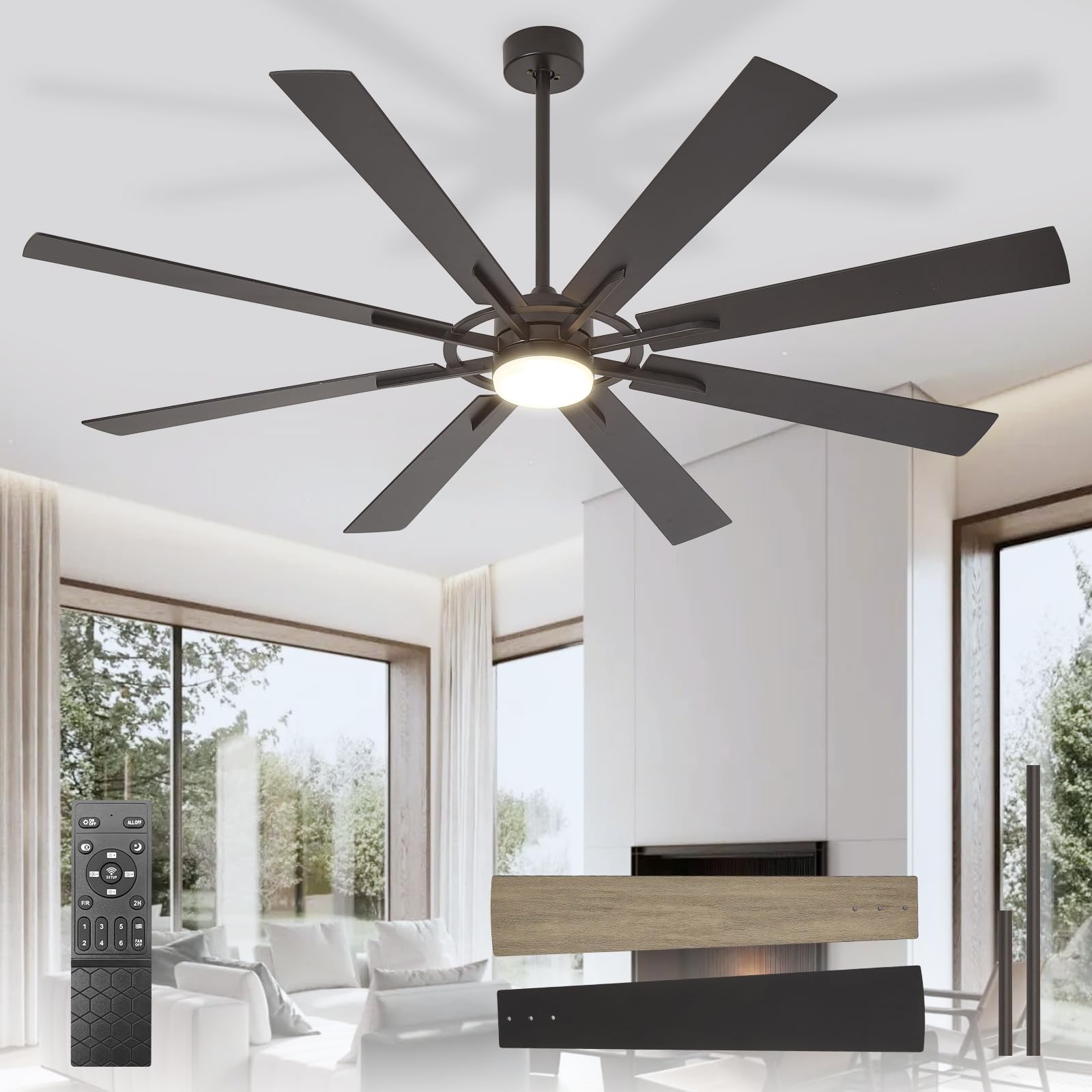 Depuley Ventiladores de techo grandes con luz: Ventilador de techo moderno de 72 pulgadas y 8 aspas para exteriores con mando a distancia - Luz regulable para ventilador grande negro