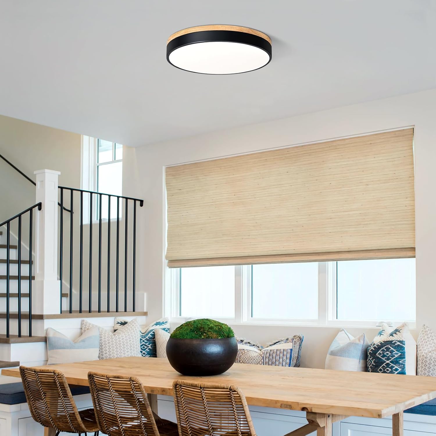 Dimmable Wood LED Ceiling Light, 5CCT 2700K-6000K, 15.74in Modern Black Minimalist Flush Mount Lamp for Bedroom, Living Room, Kitchen