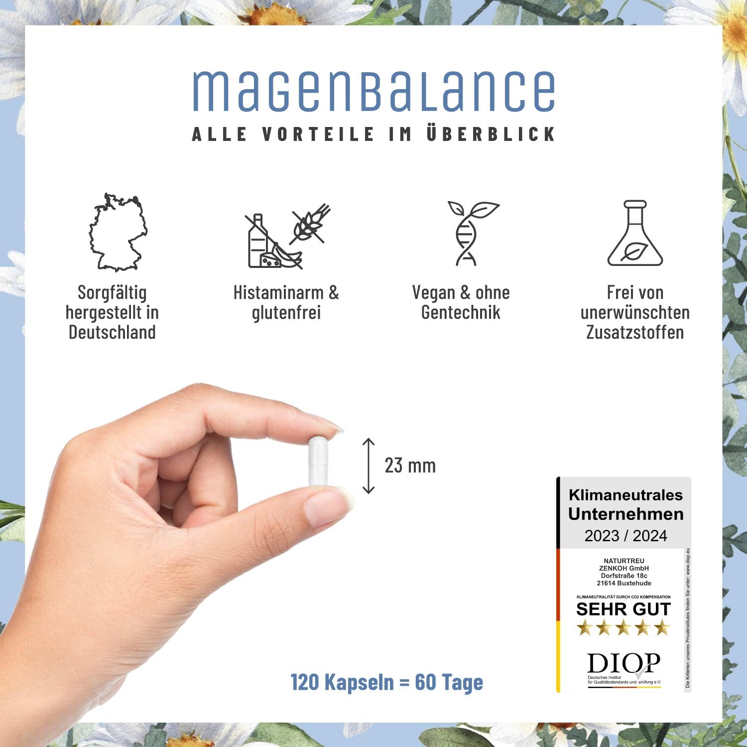 NATURTREU® Magenbalance Betain HCL Komplex vegan - mit Pepsin, Kamille & Chlorid - Unterstützung von Magensäure und Verdauung* - Vollspektrum Enzym Kapseln hochdosiert