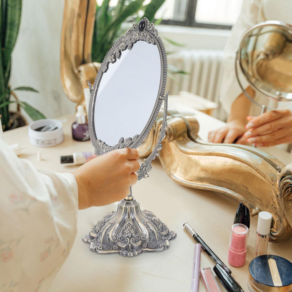 Homoyoyo Espejo de Maquillaje de Doble Cara Retro Europeo para Tocador