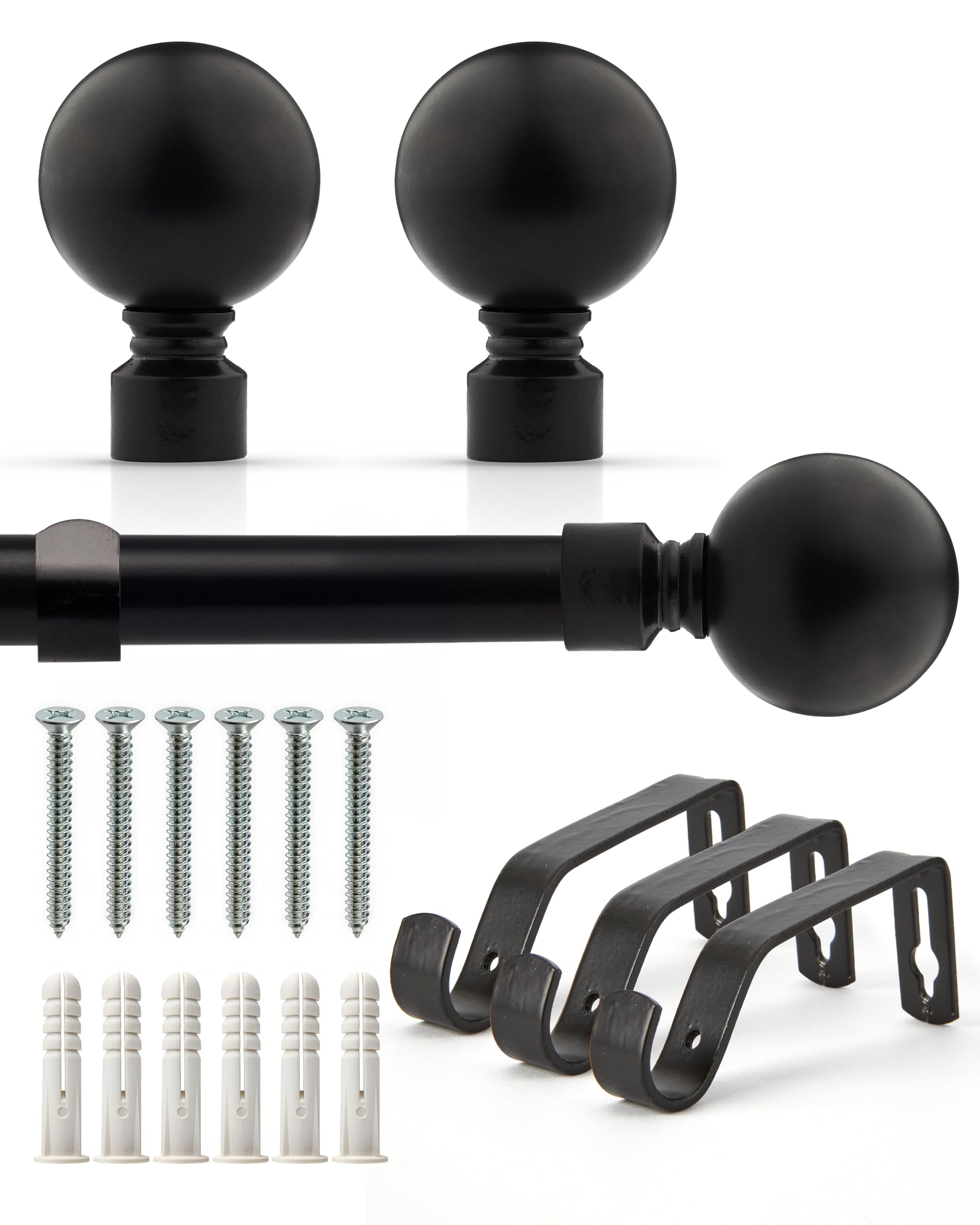 Emma Barclay Matt Black Extendable Curtain Pole With Finials Brackets & Fittings Sets 16-19Mm In Metal Curtain Poles For Eyelet Curtains Rod - Ball Collection 1.6M - 3M