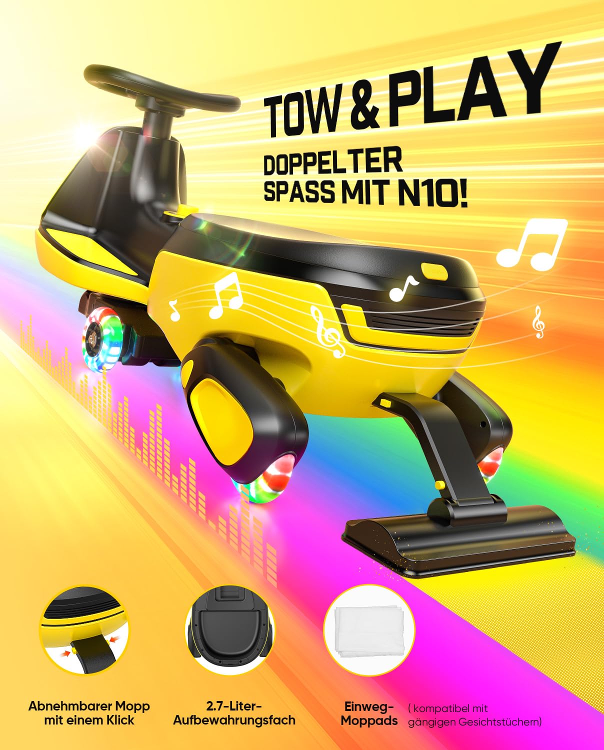 FanttikRide N10 Classic Elektroauto für Kinder ab 3 Jahren, Gelb | Kinderauto elektrisch mit Pedal & USB-C-Akku, Ein-Klick-Wischmopp, GlideWiz, Kippschutz, blinkende Räder, Bluetooth, bis 68kg