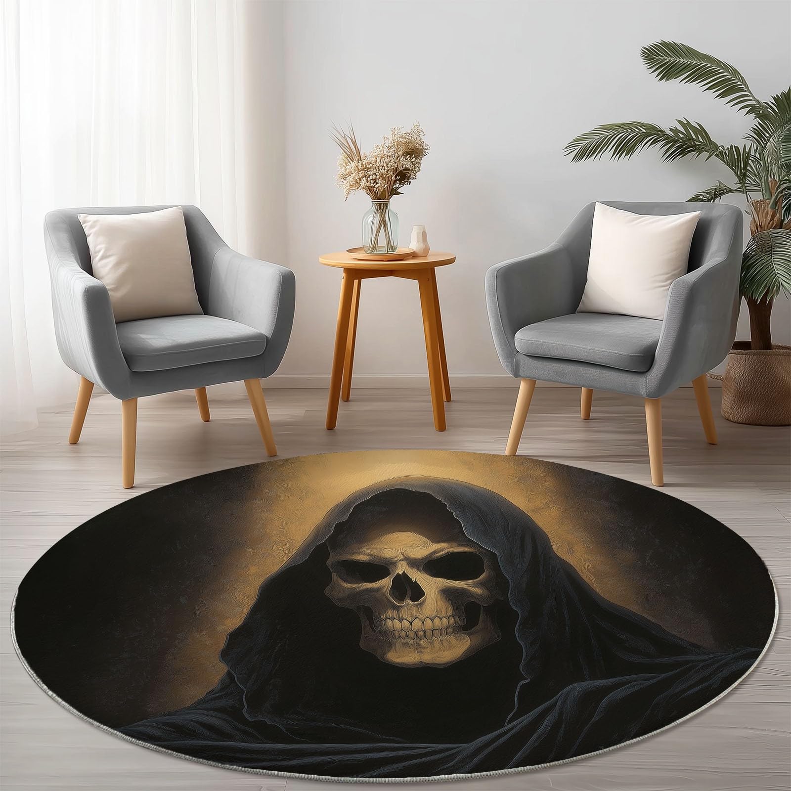 Tapis rond 180 cm gothique faucheuse antidérapant et lavable pour salon