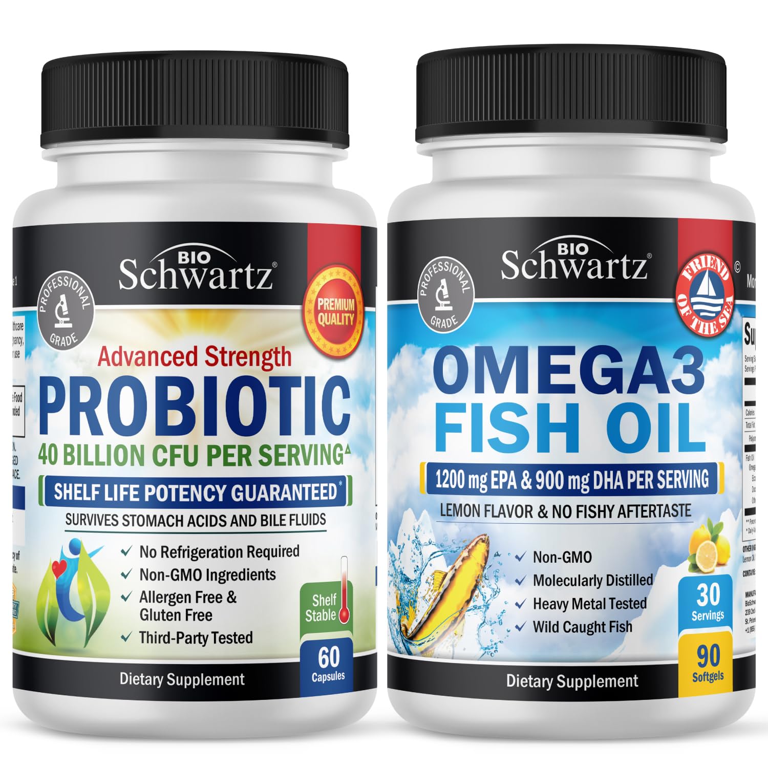 Triple Strength Omega 3 Fish Oil Softgels (1 Month Supply) Plus 40 Billion CFU Daily Probiotic Supplement (1 Month Supply)