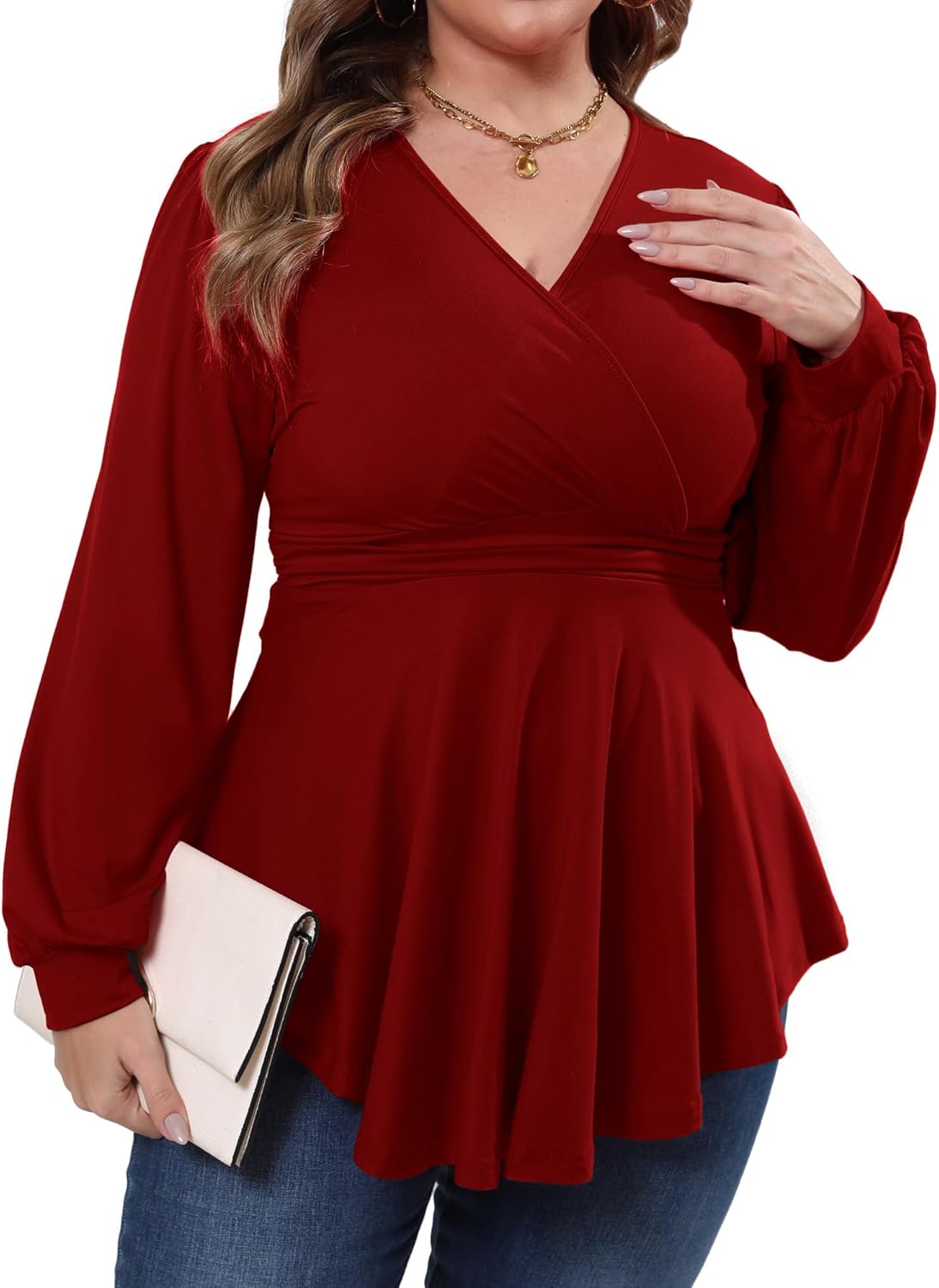 Gocolloa Plus Size Tops for Women Lace Long Sleeve Fall Shirts Casual Dressy Wrap V Neck Pleated Tunic Top