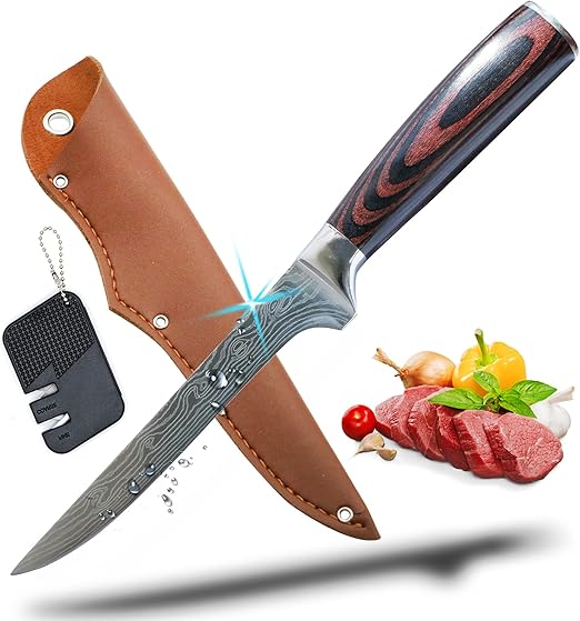 Premium Boning Knife with Sheath & Pocket Sharpener 6 Inch High Carbon Stainless Steel Japanese Fillet Professional Trimming Knife for Meat, Fish, Deboning