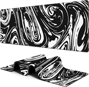 Large Gaming Mouse Pad for Desk Black and White Marble Swirl Big Desk Mat Extended Mousepad with Stitched Edge and Non-Slip Base Long Computer Keyboard Mouse Mat for Home Office Work 11.8 x 31.5 Inch