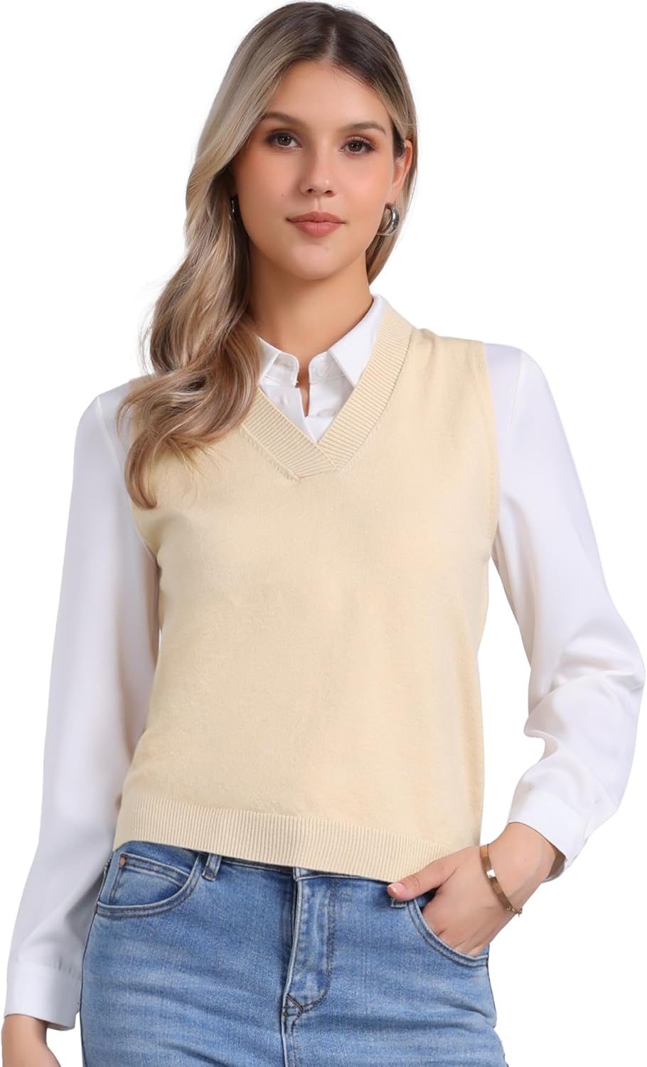 Allegra K Women's V Neck Sweater Vest Knit Pullover Sleeveless Sweater Top