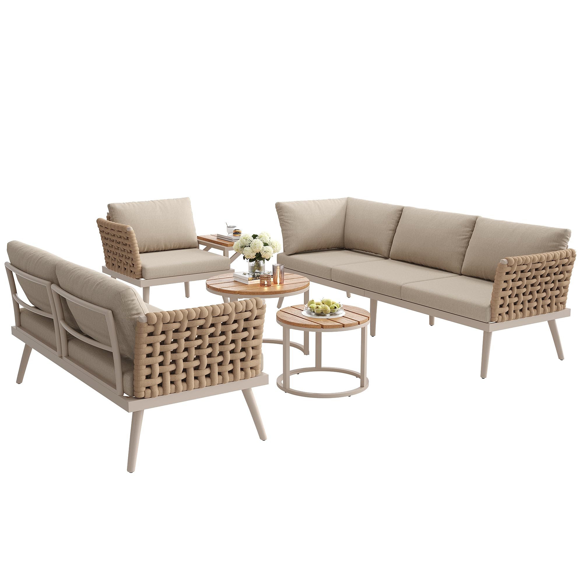 Juego de sofá de jardín para seis personas en forma de L con reposabrazos trenzados a mano, muebles de esquina de hierro resistentes a la intemperie, incluye 2 mesas de café y sillones de