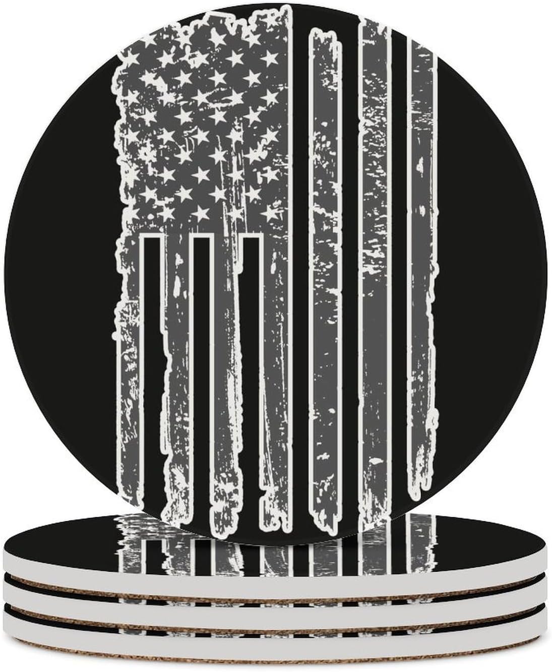 Black U.S.A. Flag Funny Round Ceramic Coasters for Drink Absorbent Cup Holders Tabletop Protection