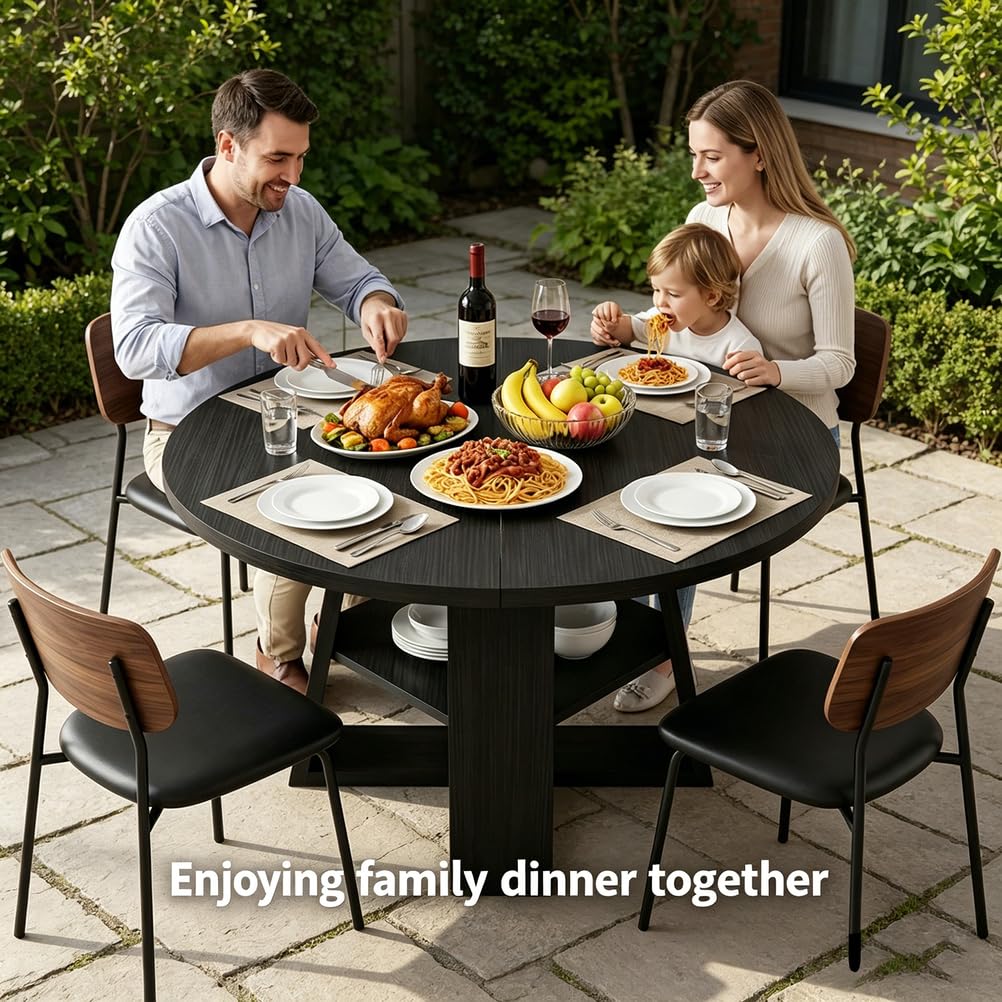 Mesa de comedor extensible, mesa de comedor redonda expandible, cocina de madera con estante de almacenamiento, ahorra espacio para 4-6 personas, ideal para espacios pequeños, sala de estar