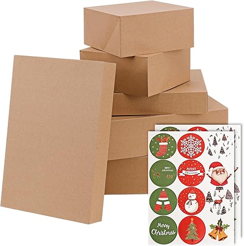 Moretoes Paquete de 6 cajas de regalo rústicas de papel kraft con tapas para envolver ropa grande y 12 calcomanías de papel de aluminio de Navidad