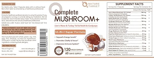 Miniatura 9 de NATURE TARGET Suplemento de hongos, complejo de hongos con melena de león, cola de pavo, reishi, cordyceps, shiitake, hongos 14 en 1 para memoria y