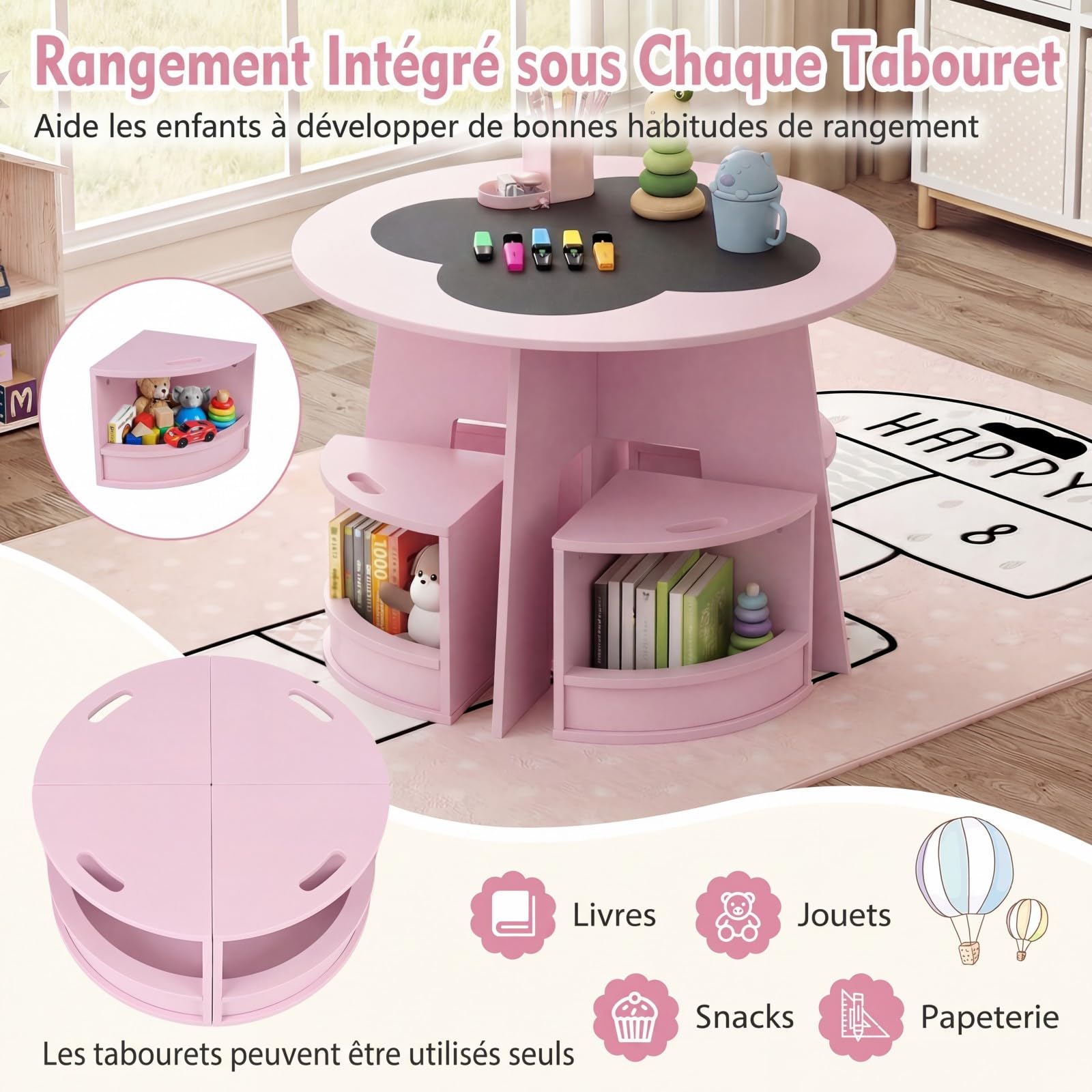 COSTWAY Table Enfant avec 4 Chaises Empilables, Table et Chaises Montessori en Forme Fleur, Espace de Rangment Intégré, Bureau Ronde pour Salle de Jeux Chambre d'enfant, Charge 30kg pour 3 Ans+ (Rose)