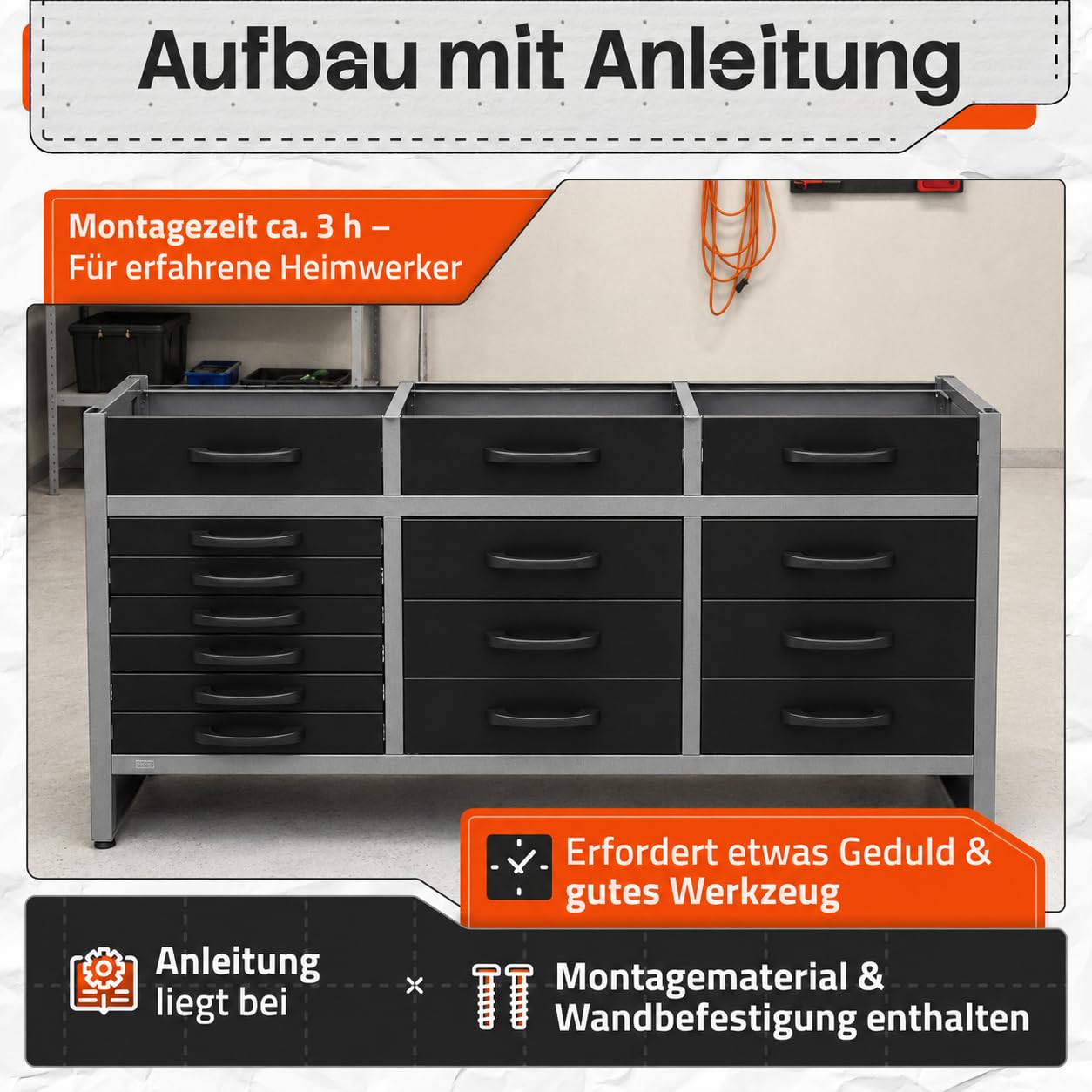 Ondis24 Werkbank Konny Werktisch 15 Schubladen 160x60x85 cm bis 450kg | Buchenholzarbeitsplatte , Metall bis 450kg belastbar