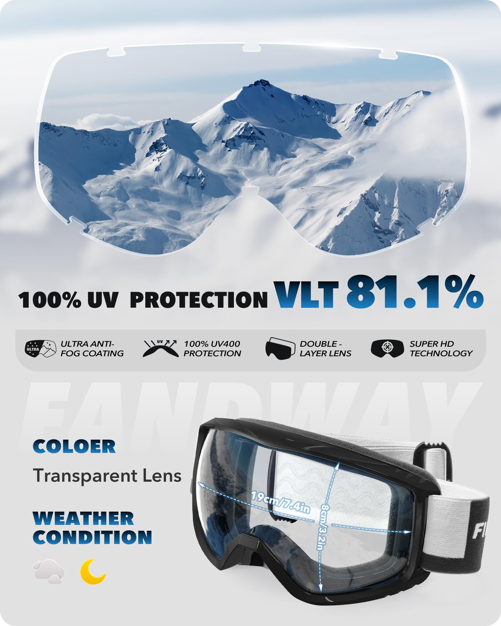 Findway Maschere da Sci, Occhiali Sci Donna Uomo, Maschera da Snowboard e Sci per Occhiali da Vista OTG,Anti-UV Protezione UV Anti-Nebbia Specchiato Sfericamente