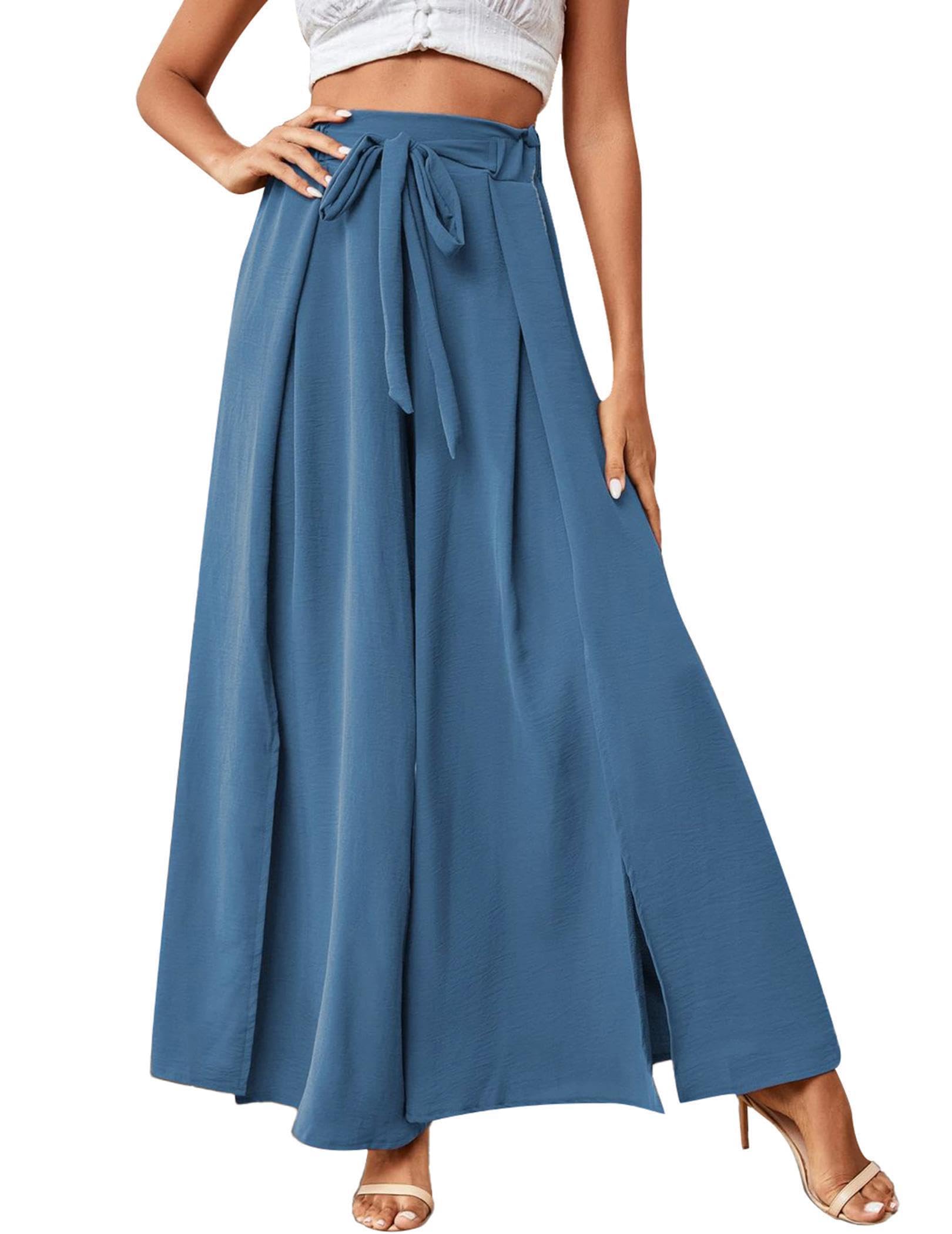 Womens Tie Front High Waist Side Split Wide Leg Pleated Pant with Belt Black