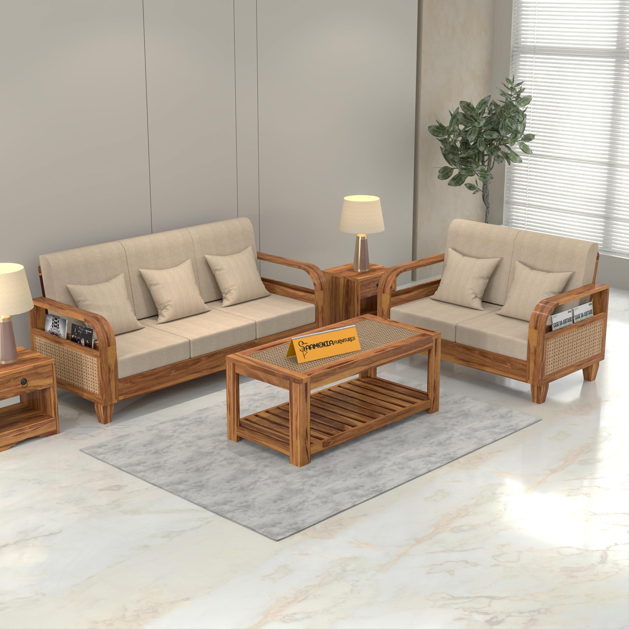 Sheesham Wooden 5 Seater Sofa for Living Room | Solid Wood Sofa with Rattan Cane Side Rack | Rosewood Sofa Set for Home & Office | Lounge (Honey, 3+2 Seater)-image-41