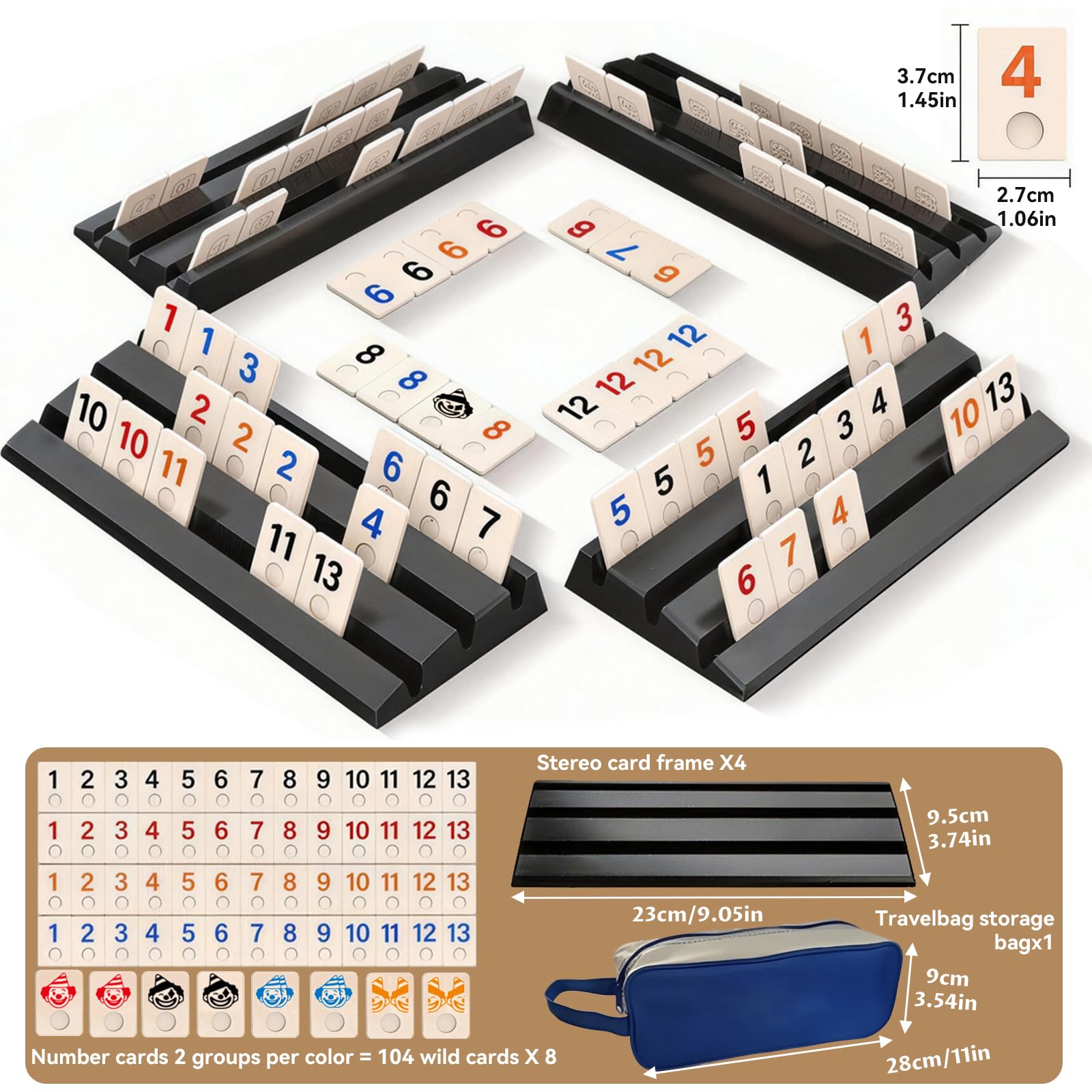 Juego De Mini Rummy Clásico con 104 Tarjetas y 4 Tarjeteros, Conveniente Juegos de Mesa Rummy para 2-4 Personas, es la Opción Ideal para Fiestas Familiares (Grandes)