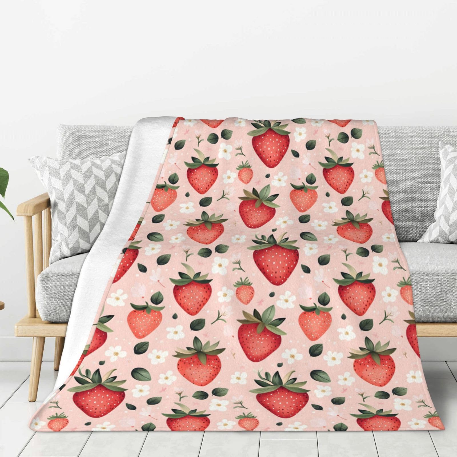 Couverture douce pour canapé et lit en flanelle motif fraise 127x152 cm