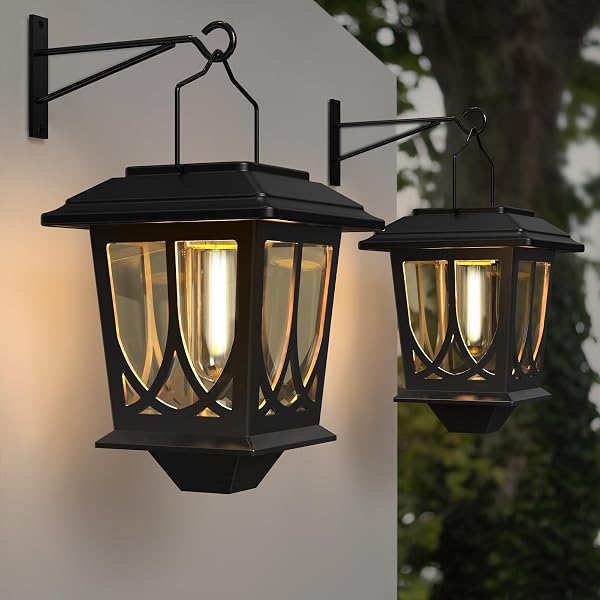 Solar Lanterns Outdoor Waterproof 2 Pack, Glass Auto On/Off LED Hanging Solar Lights, Outdoor Lantern with Wall Mount fo