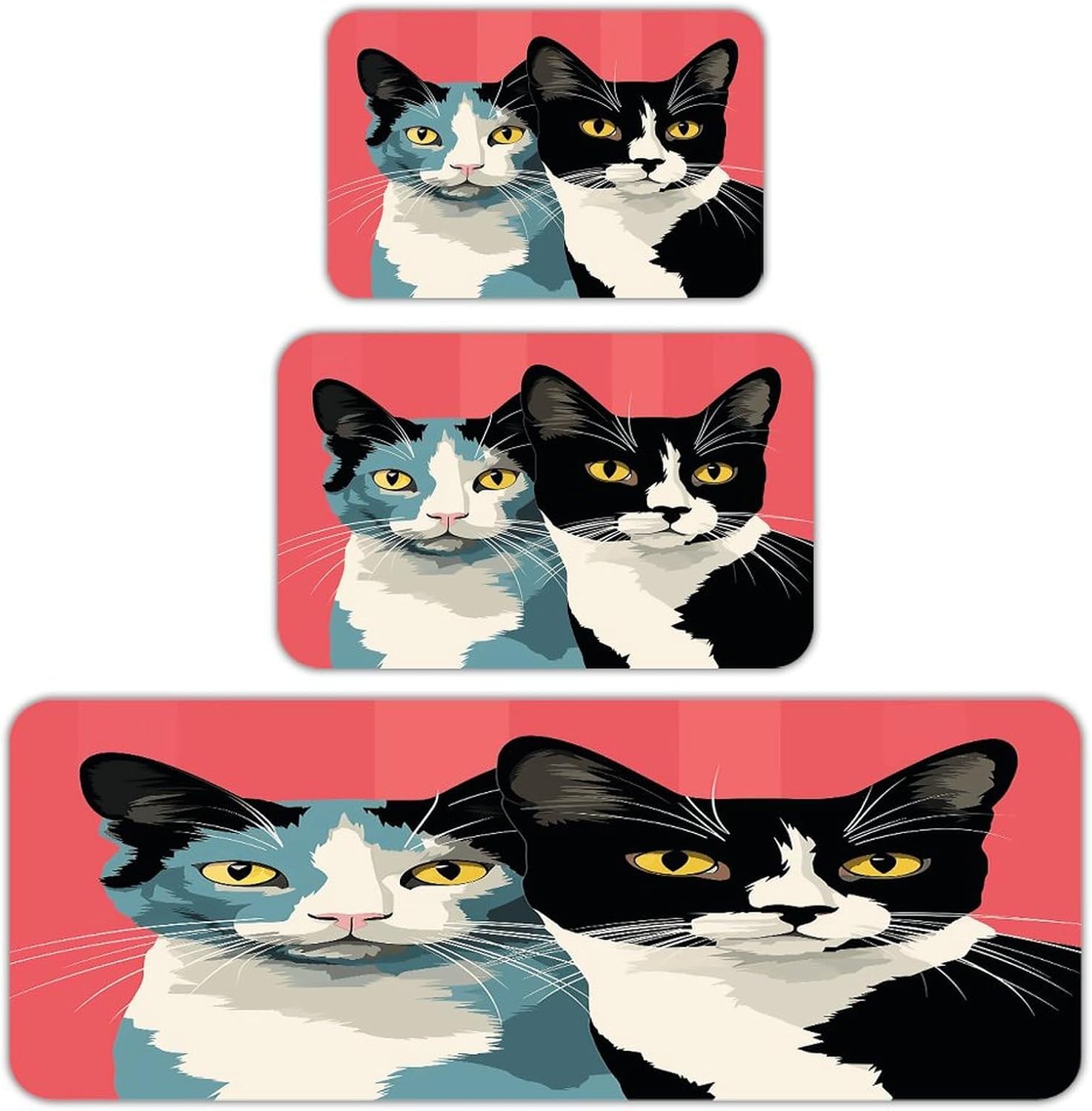 Black and White Cat Kitchen Mats Soft Absorbent Rugs for Floor Non Slip Washable Kitchen Mats Fashion Rectangular Rugs for Three-Piece Set for Laundry Office Home Sink