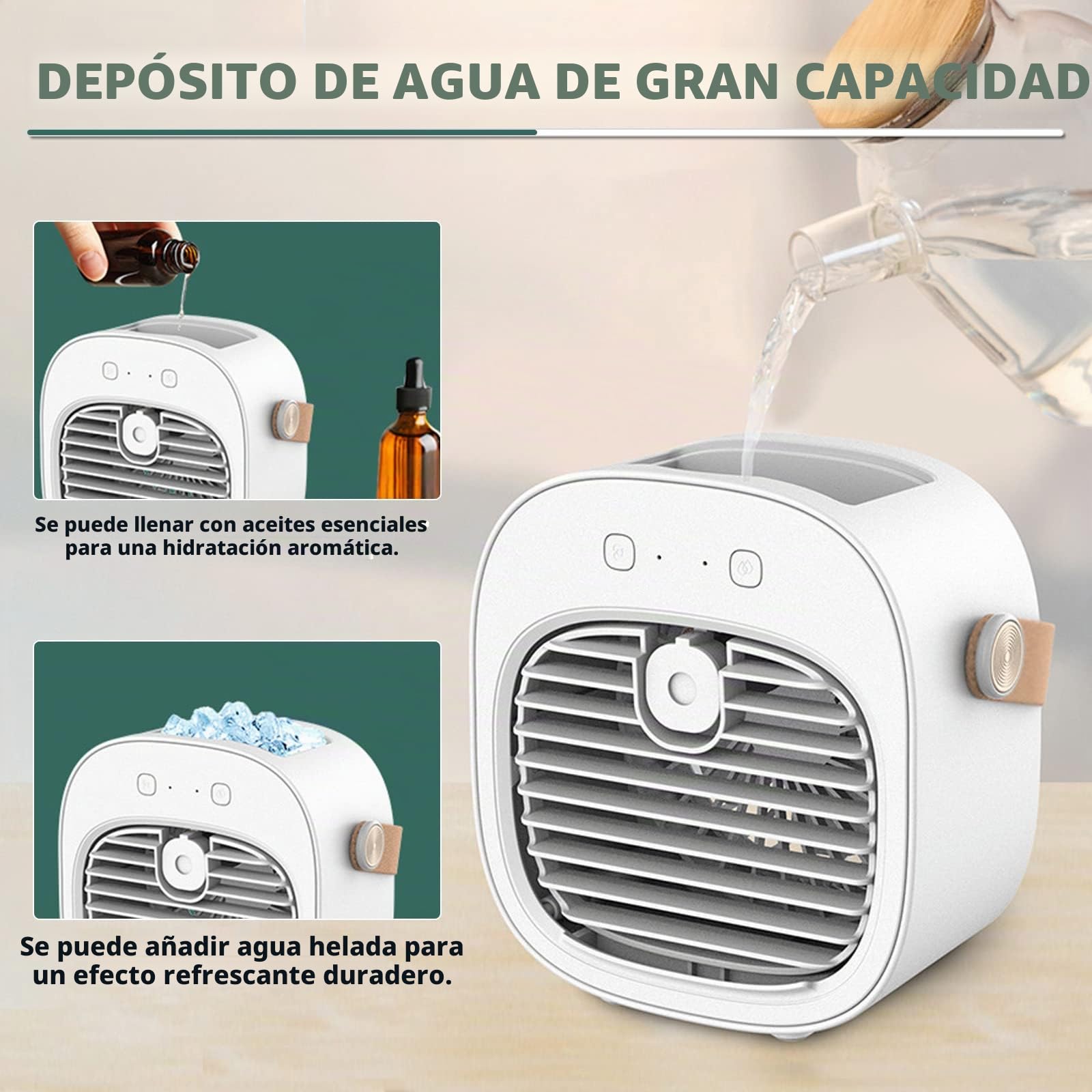 Enfriador de Aire Portátil, Mini Aire Acondicionado Móvil, Climatizadores Evaporativos con Función de Humidificación, 3 Velocidades, Ventilador De Sobremesa para Dormitorio Oficina, Blanco