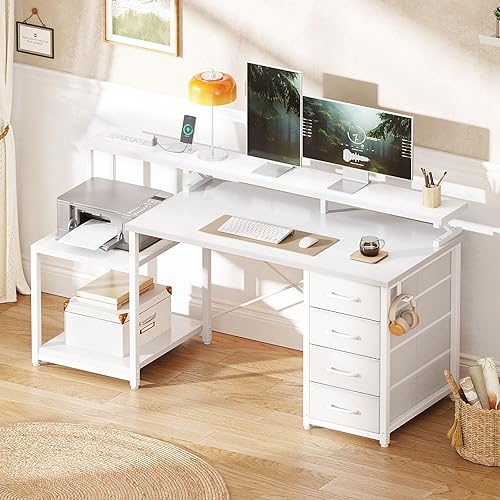 Miniatura 2 de ODK Escritorio para computadora de 55 pulgadas con 4 cajones, escritorio de oficina con tomas de corriente, estante de impresora y estantes de