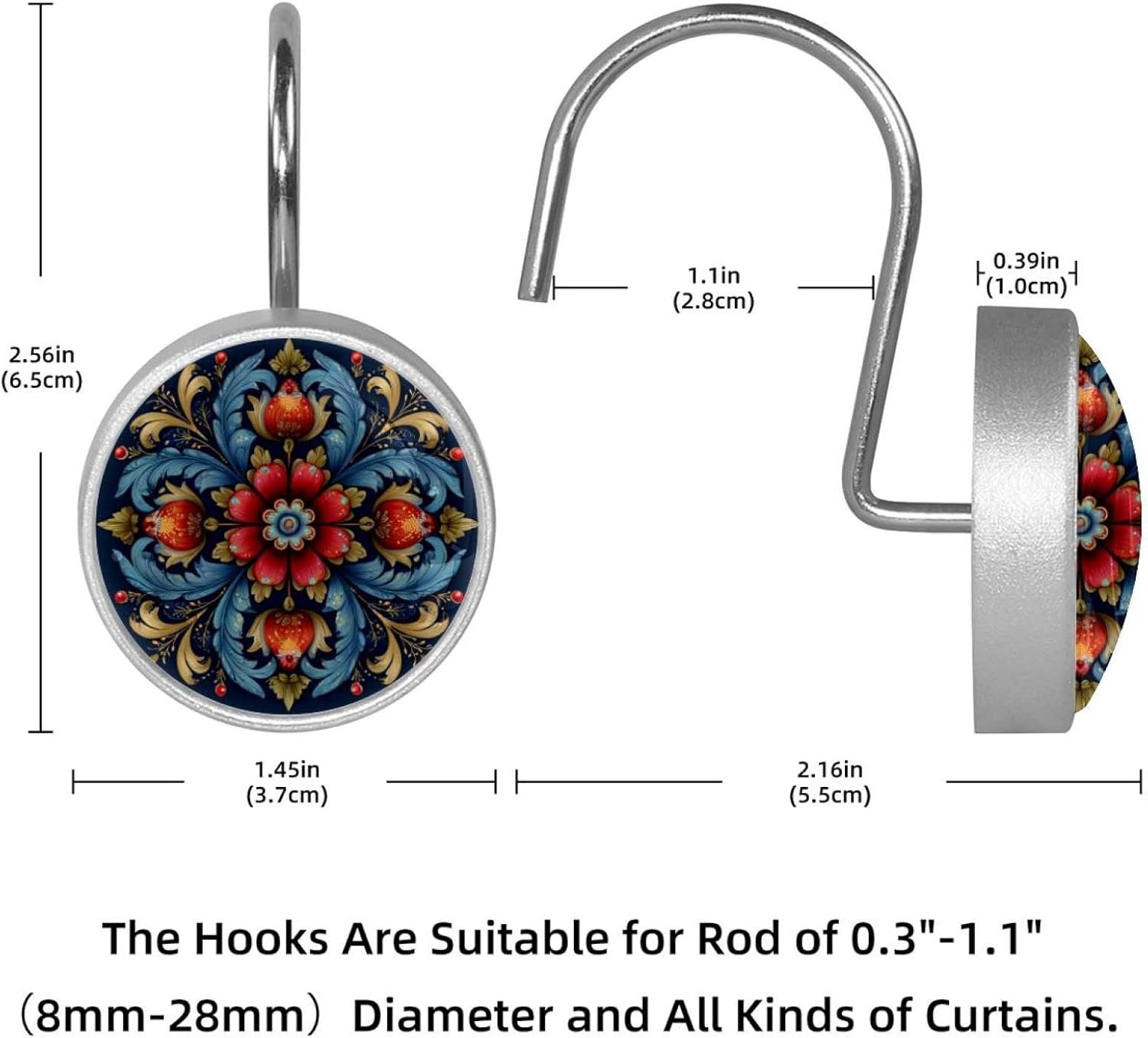 Norwegian Rosemaling Folk Style Flower (48) Round Crystal Glass Decorative Shower Curtain Hooks with 3D Pattern Visual, Rust Proof Shower Curtain Rings-12 Pack