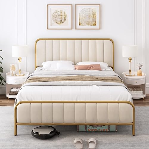 Miniatura 3 de HITHOS Base de cama de tamaño matrimonial marco de cama tapizado con cabecera capitoné base de colchón de metal resistente con listones de madera