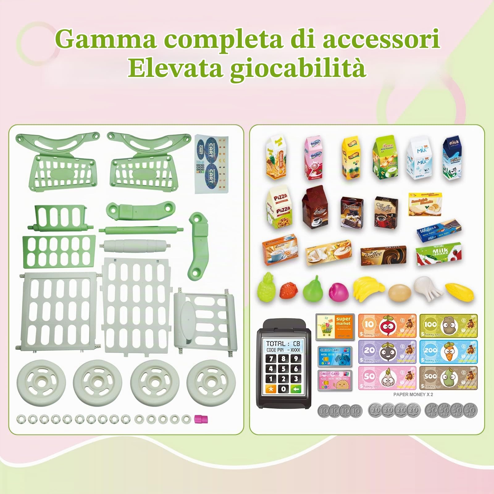 RedCrab Carrello Spesa Bambini Giocattolo, Set di Accessori per Negozio da 54 Pezzi Supermercato Giocattolo per Bambini, Regalo per Giocattoli Educativi