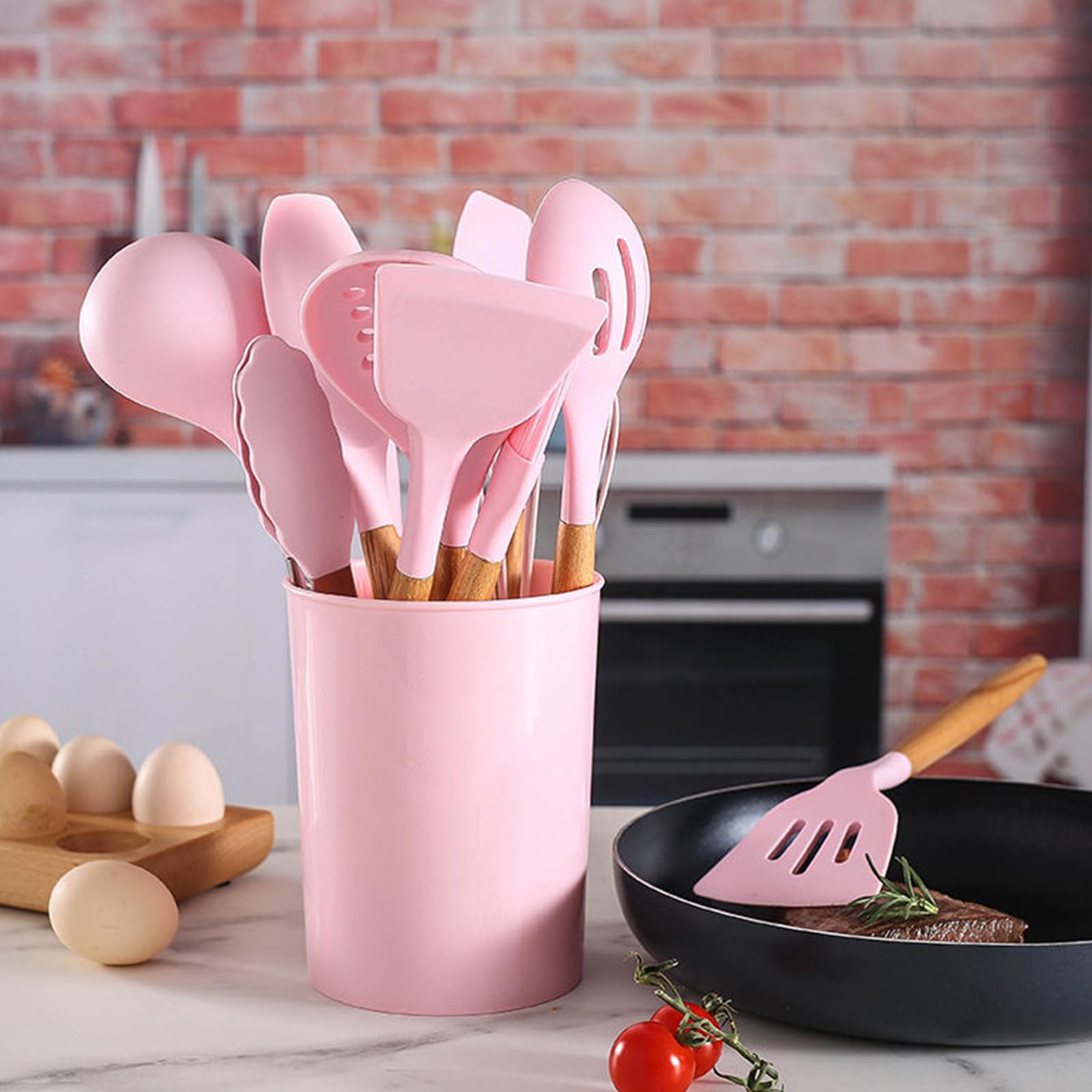 Lot de 11 ustensiles de cuisine en silicone avec poignées en bois, résistants à la chaleur, non toxiques, avec spatule, pince, spatule et cuillère pour ustensiles de cuisine antiadhésifs – Rose