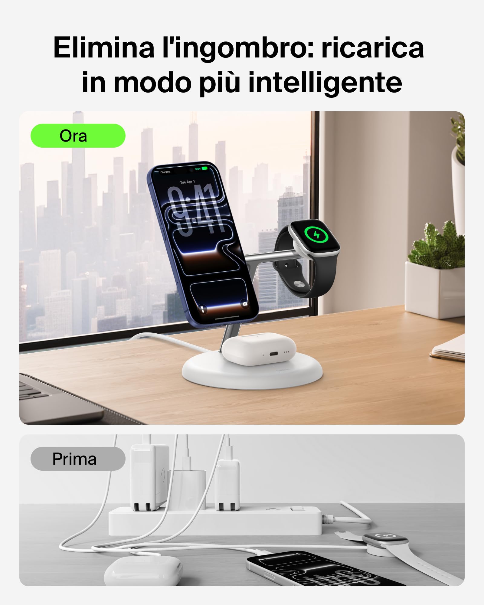 Belkin UltraCharge Caricatore Wireless Qi2.2 25W 3 in 1 - Bianco | Caricatore Wireless Magnetico MagSafe, Certificato Qi2.2 per iPhone, Apple Watch, Auricolari, Cavo USB-C e Alimentatore 45W