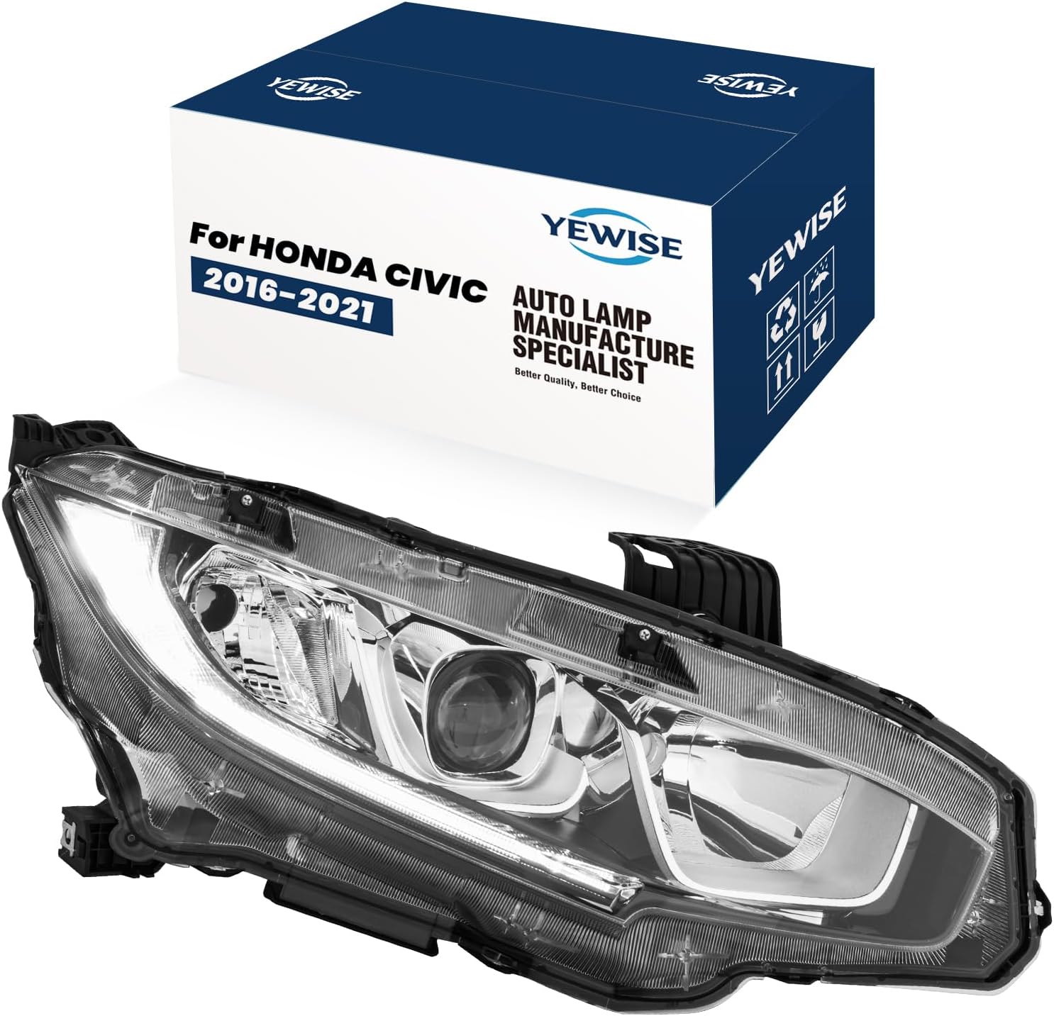 Headlight Assembly Fit for 2016-2021 Honda Civic,Halogen Headlamp without LED， with DRL Chrome Housing， Replacement Right Passenger Side OE#RH 33100TBAA01 HO2503173