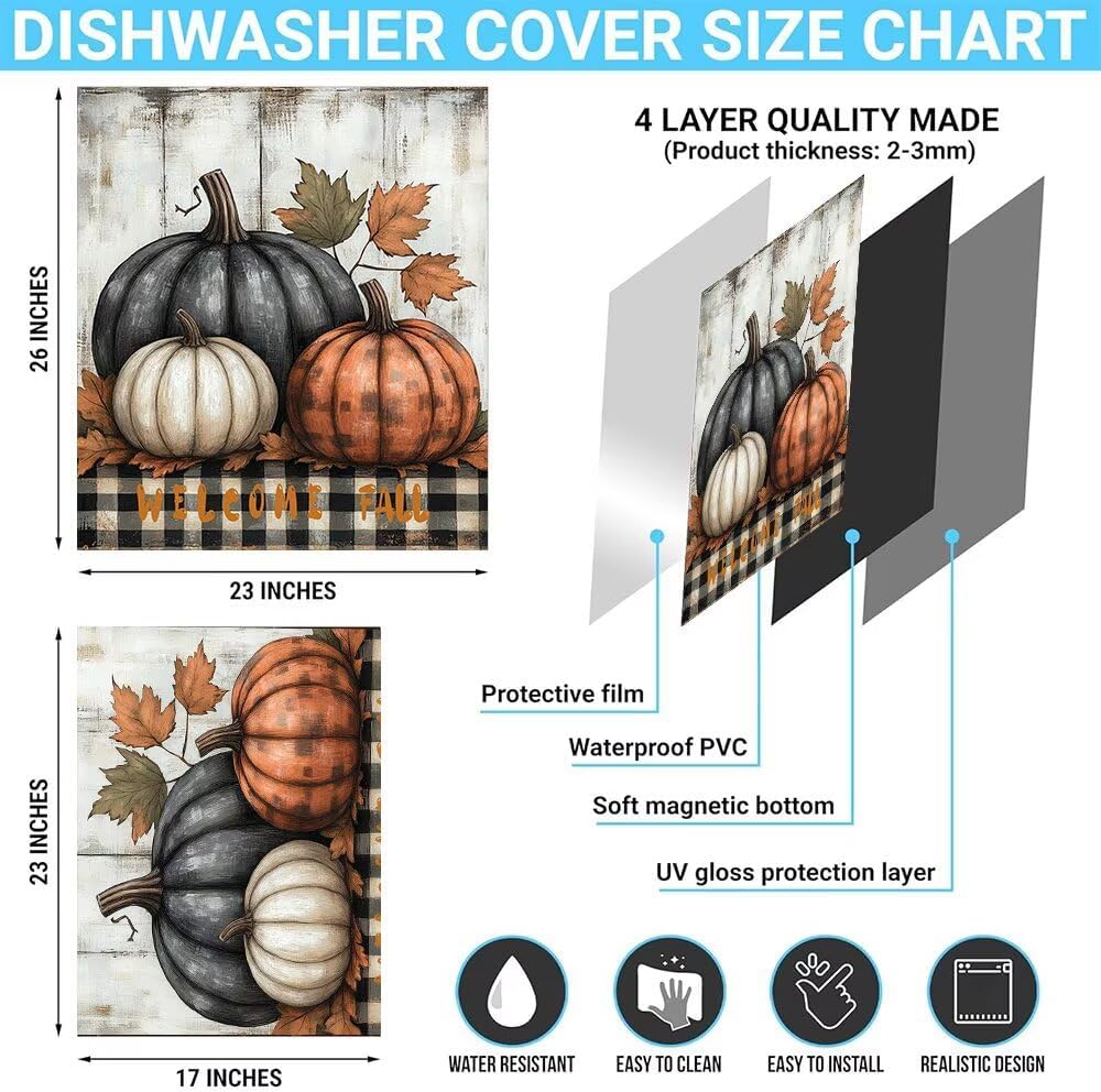 Welcome Fall Dishwasher Magnet Cover Decal Pumpkins Fridge Magnet Sticker, Autumn Harvest Magnetic Dishwasher Front Door Cover Country Home Appliance Panel - 23" x 26" Magnetic