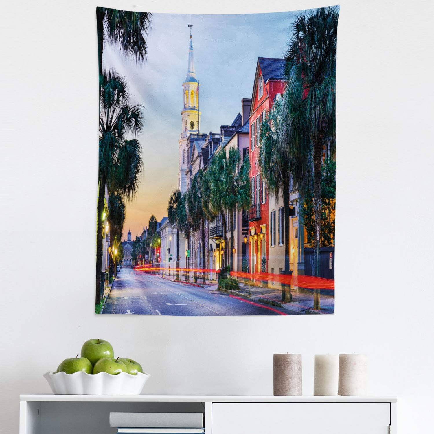 Ambesonne Charleston Tapestry King Size, USA Cityscape in Historic French Quarter at Sundown Southern Tourist Attraction, Wall Hanging Bedspread Bed Cover Wall Decor, 104" X 88", Multicolor