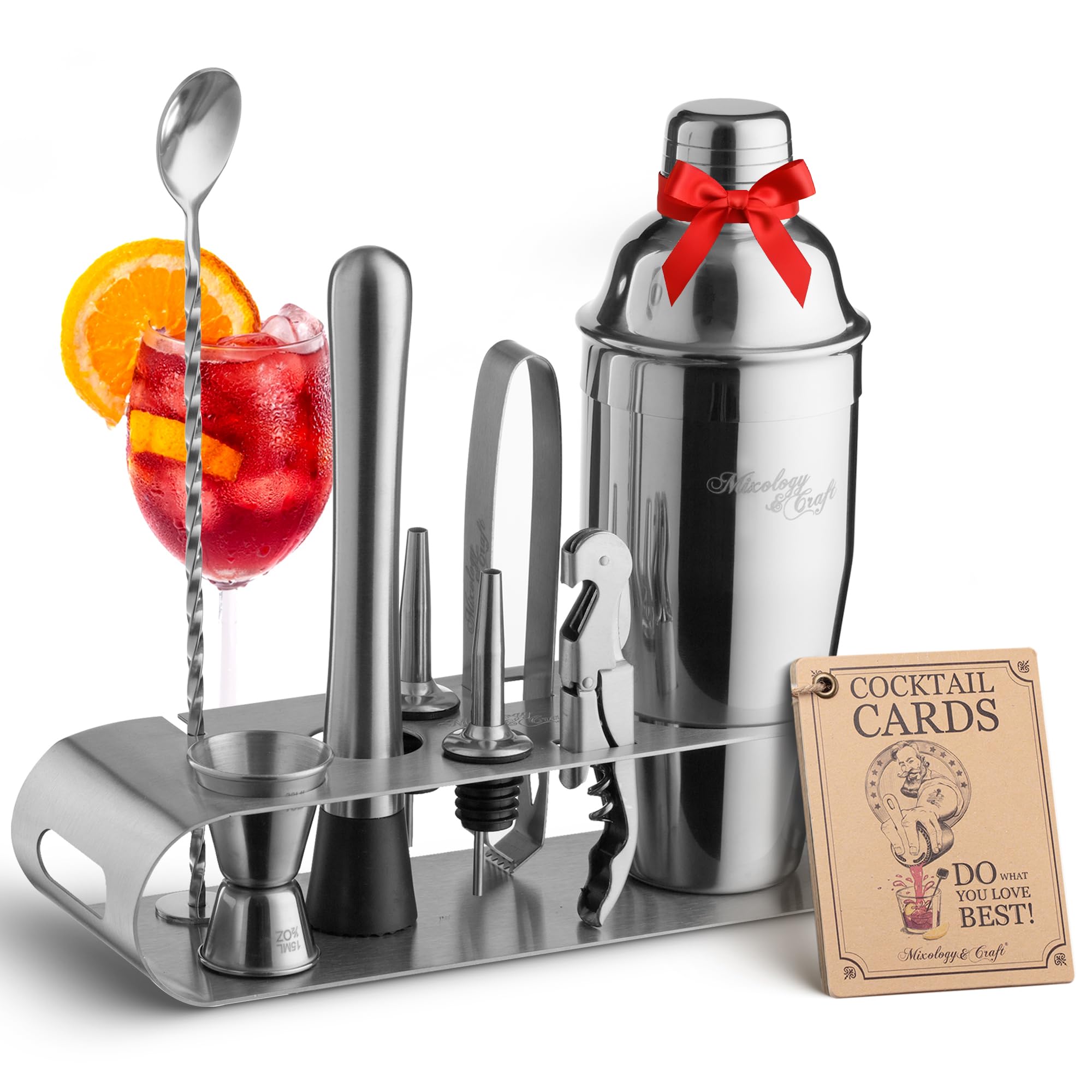 Mixology Craft Cocktail Shaker Set: 24oz Bartender Kit with Stainless Steel Stand | Complete Cocktail Kit Gift Set | Top Bartender Gifts for Men Women | Leak-Proof Tools Recipe Cards